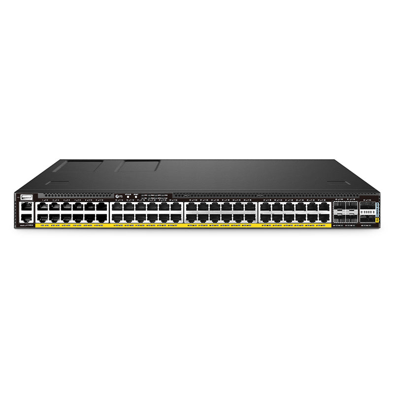 FS-S5870-48MX6BC-U, 48-Port Ethernet L3 PoE++ Bare Metal Switch, 36 x 2.5Gb PoE++ Ports, 12 x 10Gb PoE++ Ports @2100W, with 4 x 25Gb SFP28 and 2 x 100Gb FS-QSFP28 Uplinks, Redundant AC PSUs, C2P Airflow, Support MLAG, Broadcom TD3-X3 Chip