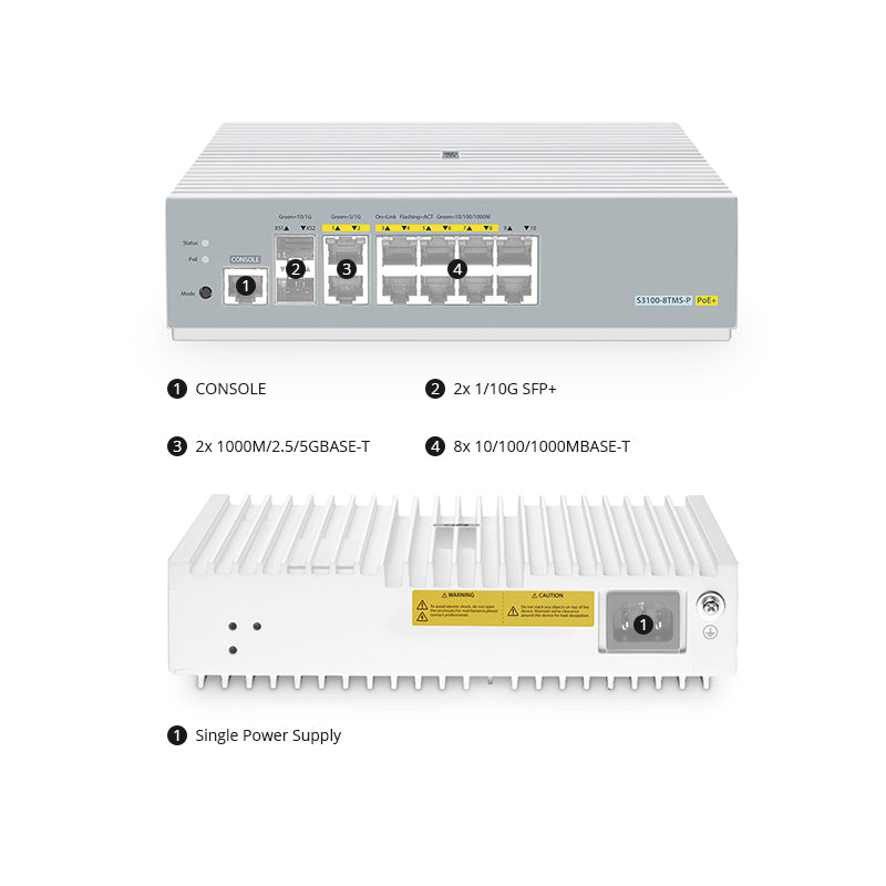 FS-S3100-8TMS-P, 8-Port Gigabit Ethernet L2+ PoE+ Switch, 8 x PoE+ Ports@125W, 2 x 5Gb RJ45, with 2 x 10Gb SFP+ Uplinks, Broadcom Chip, Fanless