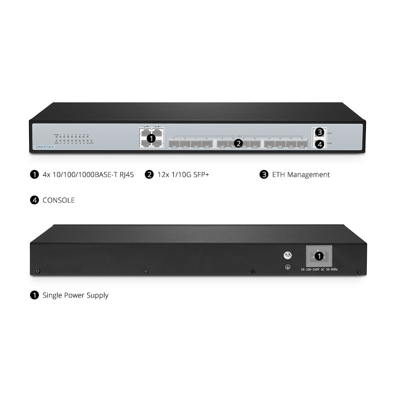FS-S3950-4T12S-R, 12-Port Ethernet L2+ Managed Switch, 12 x 10Gb SFP+, with 4 x Gigabit RJ45, Support MLAG