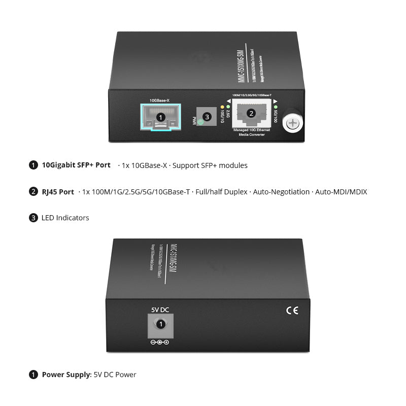 Managed 1x 100M/1G/2.5G/5G/10GBase-T RJ45 to 1x 10GBase-X SFP+ Slot 10Gigabit Ethernet Media Converter, Slide-in Module, American Plug Standard