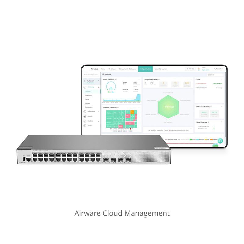 FS-S3270-24TM, 24-Port Gigabit Ethernet L2+ Switch, 24 x Gigabit RJ45, with 4 x 1/2.5Gb SFP Uplinks, Broadcom Chip, Fanless