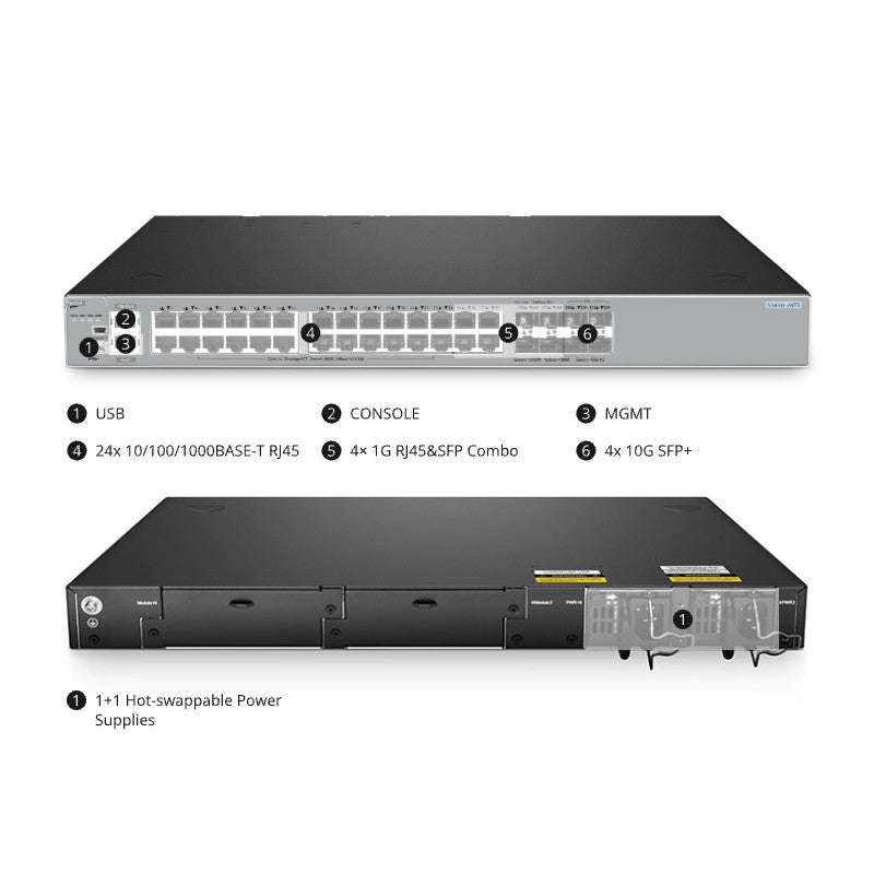 FS-S5810-28TS, 28-Port Gigabit Ethernet L3 Switch, 24 x Gigabit RJ45, 4 x RJ45/SFP Combo Ports, with 4 x 10Gb SFP+ Uplinks, Broadcom Chip