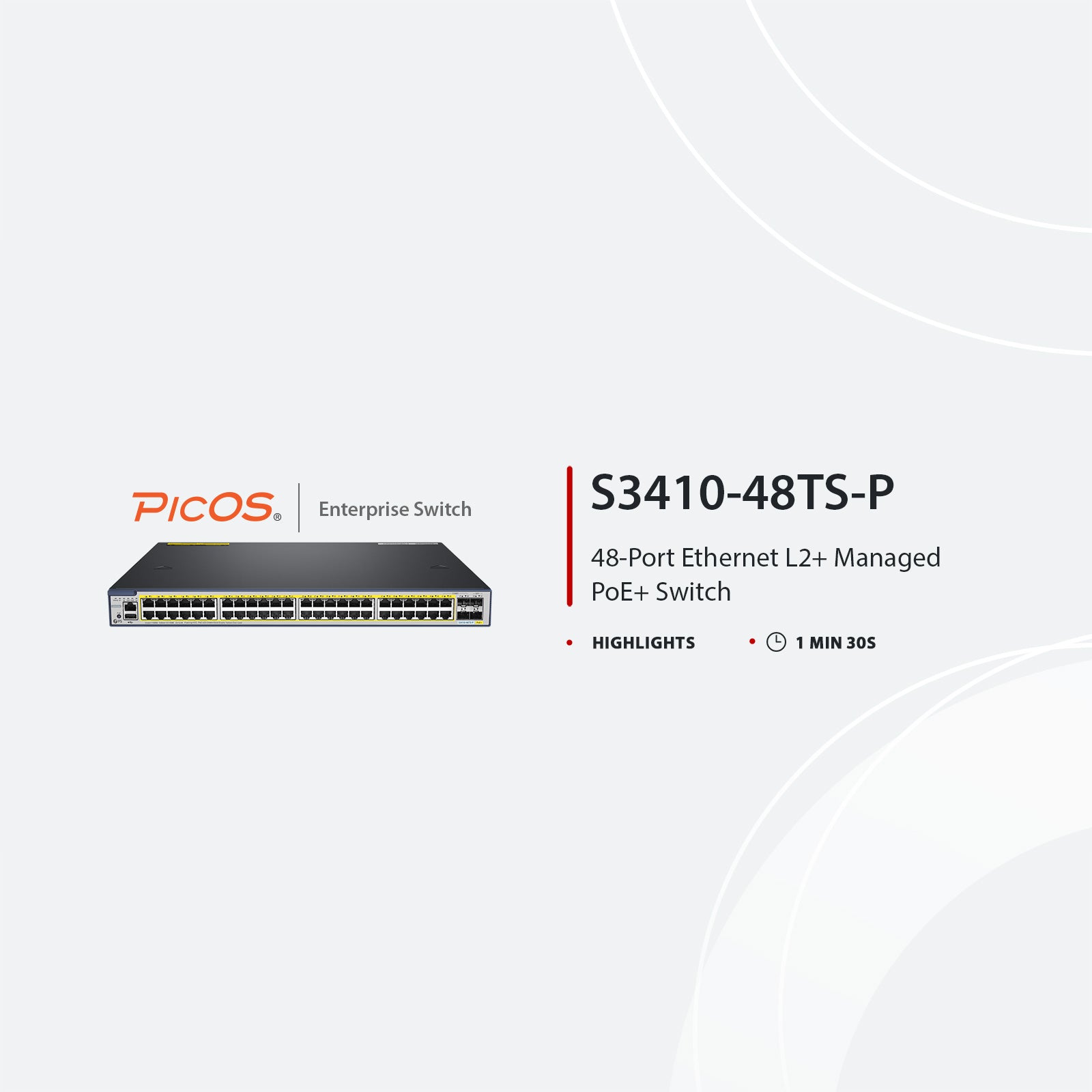 S3410-48TS-P, 48-Port Gigabit Ethernet L2+ PoE+ Switch, 48 x PoE+ Ports @740W, with 2 x 10Gb SFP+ Uplinks and 2 x Combo SFP Ports, PicOS®, Support MLAG, Broadcom Chip