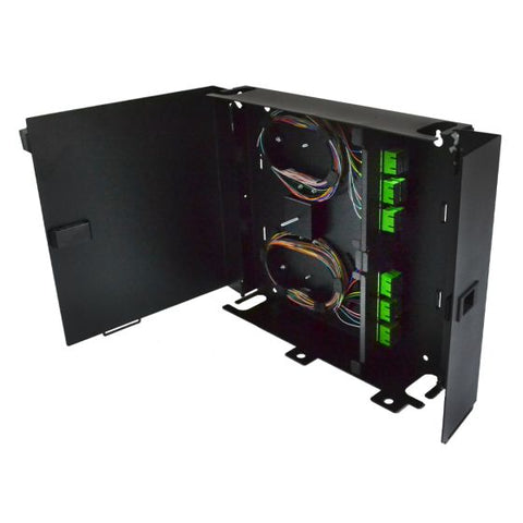 Wall Mount Enclosure 2 Panel Deluxe Loaded with 2 Duplex LC/APC Plates Pigtails & Splice Trays Black