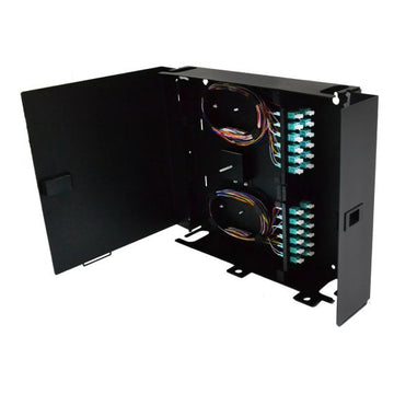Wall Mount Enclosure 4 Panel Deluxe Loaded with 4 Duplex LC OM3 Plates Pigtails & Splice Trays Black