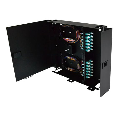 Wall Mount Enclosure 4 Panel Deluxe Loaded with 4 Duplex SC OM3 Plates Pigtails & Splice Trays Black