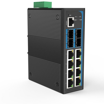 H10-804SM-PSE - 8x Gigabit RJ45 + 2x 1G/2.5G/10G SFP+ ports + 2x 1G/10G SFP+ ports Ethernet Layer 3 Managed PoE Industrial fiber switch 240W total power, DIN rail mount, -40 to +75 Celsius