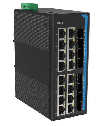 HGW-1608SM-PSE - 16x RJ45 + 8x SFP ports Gigabit Ethernet Managed PoE Industrial fiber switch 240W total power, DIN rail mount, -40 to +75 Celsius