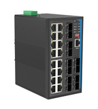 HGW-1612SM - 16x RJ45 + 12x SFP ports Gigabit Ethernet Managed Industrial fiber switch, DIN rail mount, -40 to +75 Celsius