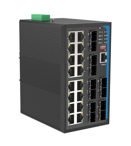 HGW-1612SM - 16x RJ45 + 12x SFP ports Gigabit Ethernet Managed Industrial fiber switch, DIN rail mount, -40 to +75 Celsius