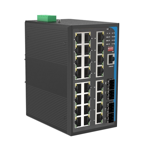 HGW-2404SM-PSE - 24x RJ45 + 4x SFP ports Gigabit Ethernet Managed PoE Industrial fiber switch 480W total power, DIN rail mount, -40 to +75 Celsius