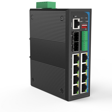 HGW-802SM-SER-PSE - 8x RJ45 + 2x SFP ports + 2x RS485/422/232 serial ports Gigabit Ethernet Managed PoE Industrial fiber switch 240W total power, DIN rail mount, -40 to +75 Celsius