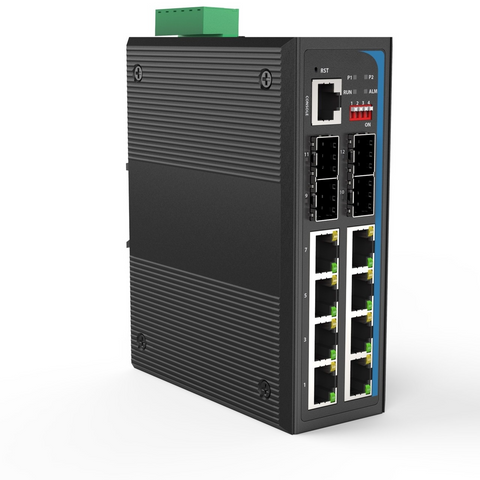 HGW-804SM - 8x RJ45 + 4x SFP ports Gigabit Ethernet Managed Industrial fiber switch, DIN rail mount, -40 to +75 Celsius