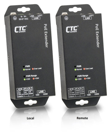 IEXT101-PH LAN Extender pair with remote powered unit and 30W PoE delivered over 2 or 4 pairs of copper wires