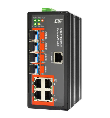 IGS-404SM-E - 4 copper + 4 SFP port SNMP/web-managed Gigabit Ethernet Industrial switch, DIN rail mount, extended temp -40 to +75C