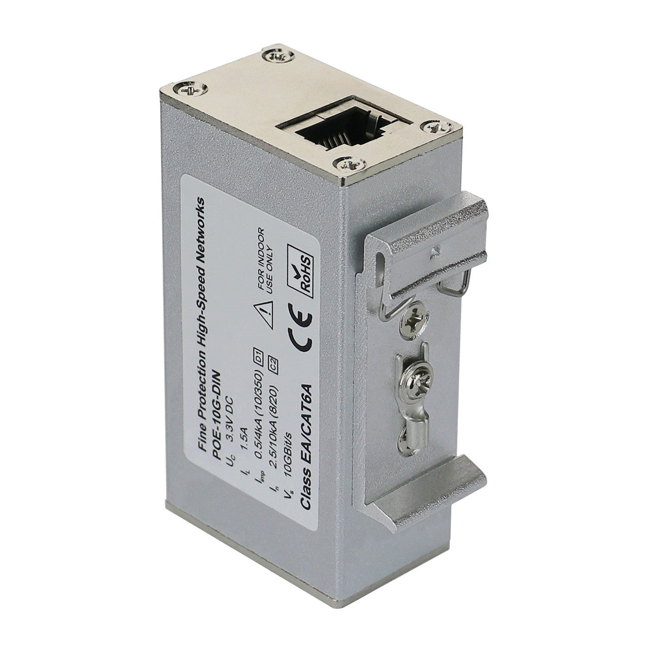 POE-10G-DIN - Full 8 pin Cat6A RJ45 10G Ethernet surge protector with PoE support and DIN rail mount system