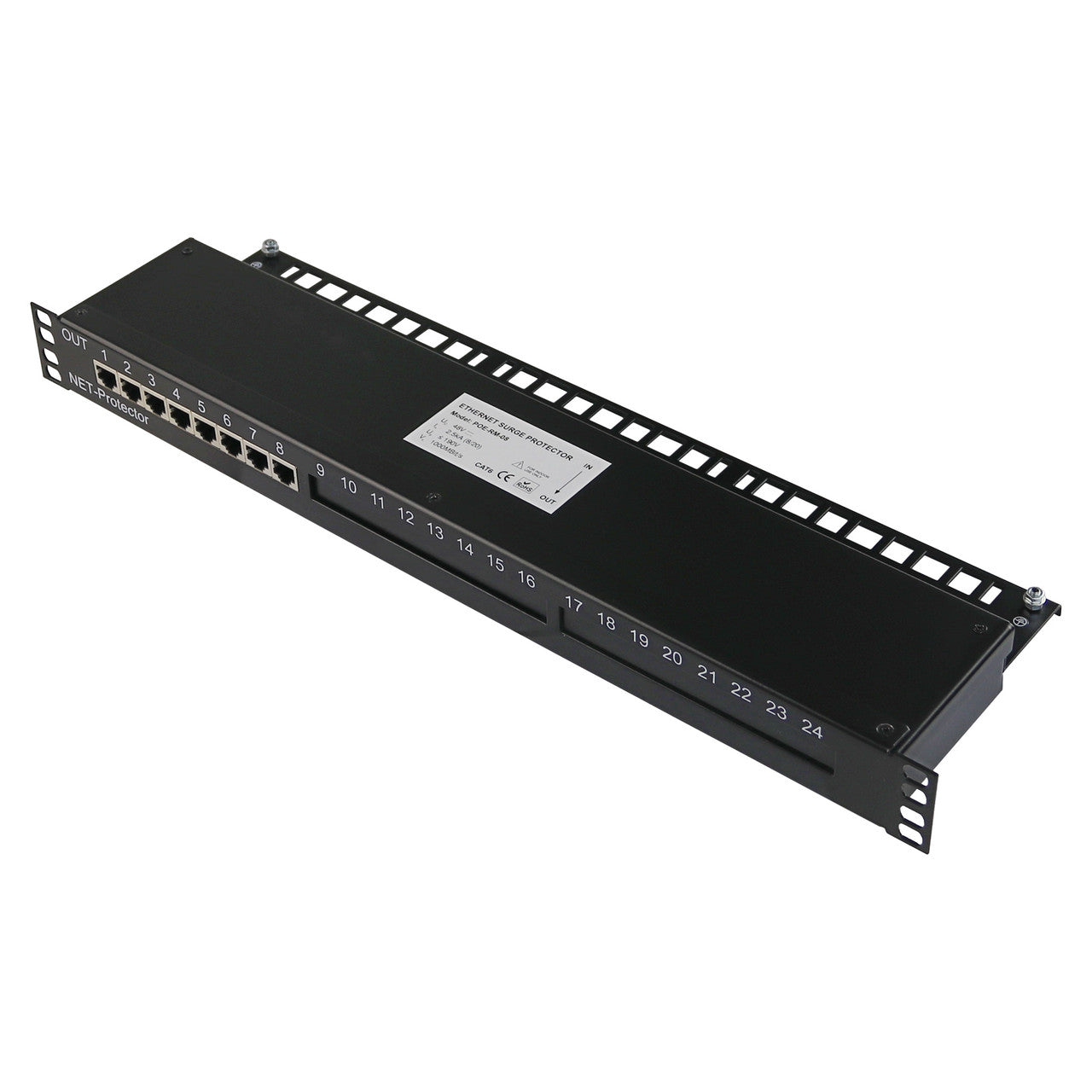POE-RM-08 - 8 port Full 8 pin Cat6 RJ45 2.5G/Gigabit Ethernet surge protector with PoE support 19" rack mountable, modular