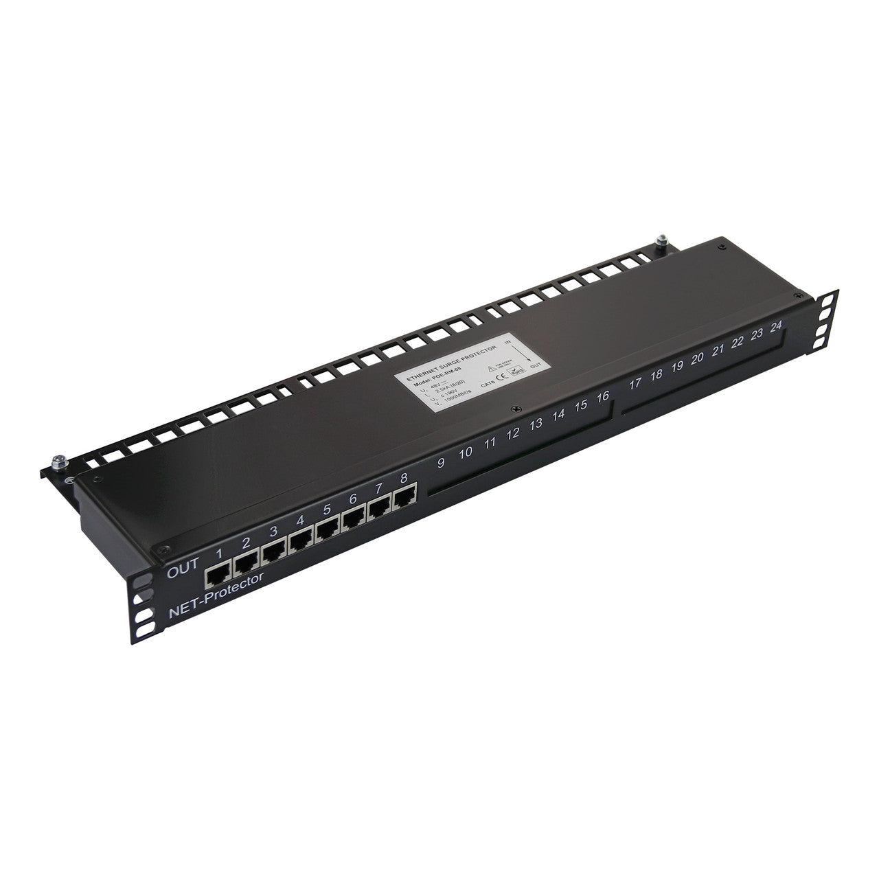 POE-RM-08 - 8 port Full 8 pin Cat6 RJ45 2.5G/Gigabit Ethernet surge protector with PoE support 19" rack mountable, modular