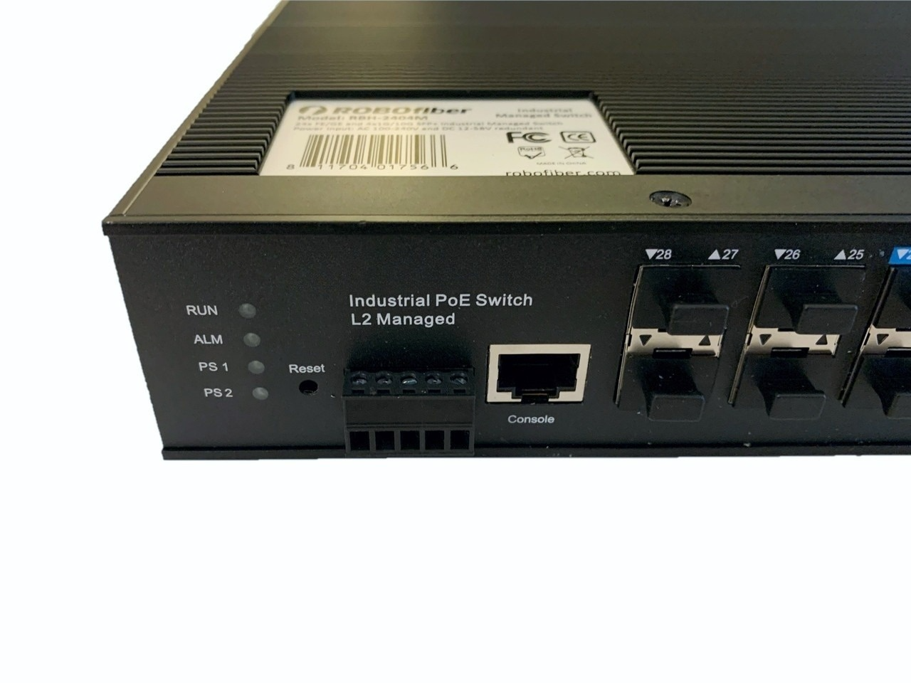 RBH-2404M-PSE - 24x 10/100/1000Base-Tx (8 combo RJ45/SFP) and 4x 10G SFP+ ports Gigabit Ethernet Managed Industrial fiber switch with 400W of PoE budget, 19" mountable, -40 to +75 Celsius