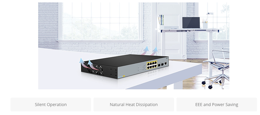 FS-S3150-8T2FP, 8-Port Gigabit Ethernet L2+ PoE+ Switch, 8 x PoE+ Ports@130W, with 2 x 1Gb SFP, Fanless