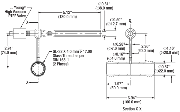 T-TGC100V - Empty Glass Cell with Threaded Ends, 100 mm Long, One Fill Tube with J. Young® Valve