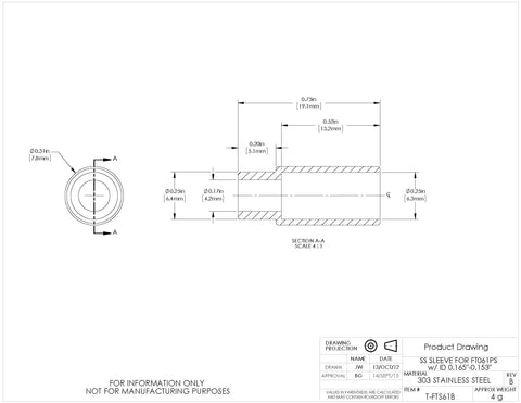 T-FTS61B - Stainless Steel Sleeve for Ø6.1 mm Tubing, 0.153" - 0.165" ID