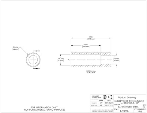 T-FTS50B - Stainless Steel Sleeve for Ø5.0 mm Tubing, 0.153" - 0.165" ID