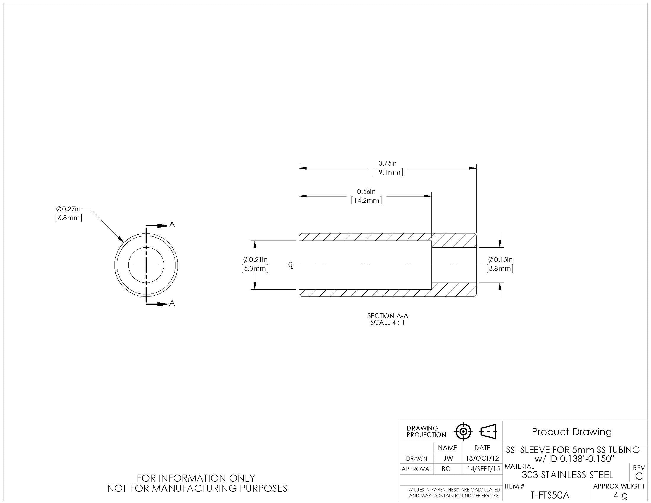 T-FTS50A - Stainless Steel Sleeve for Ø5.0 mm Tubing, 0.138" - 0.150" ID