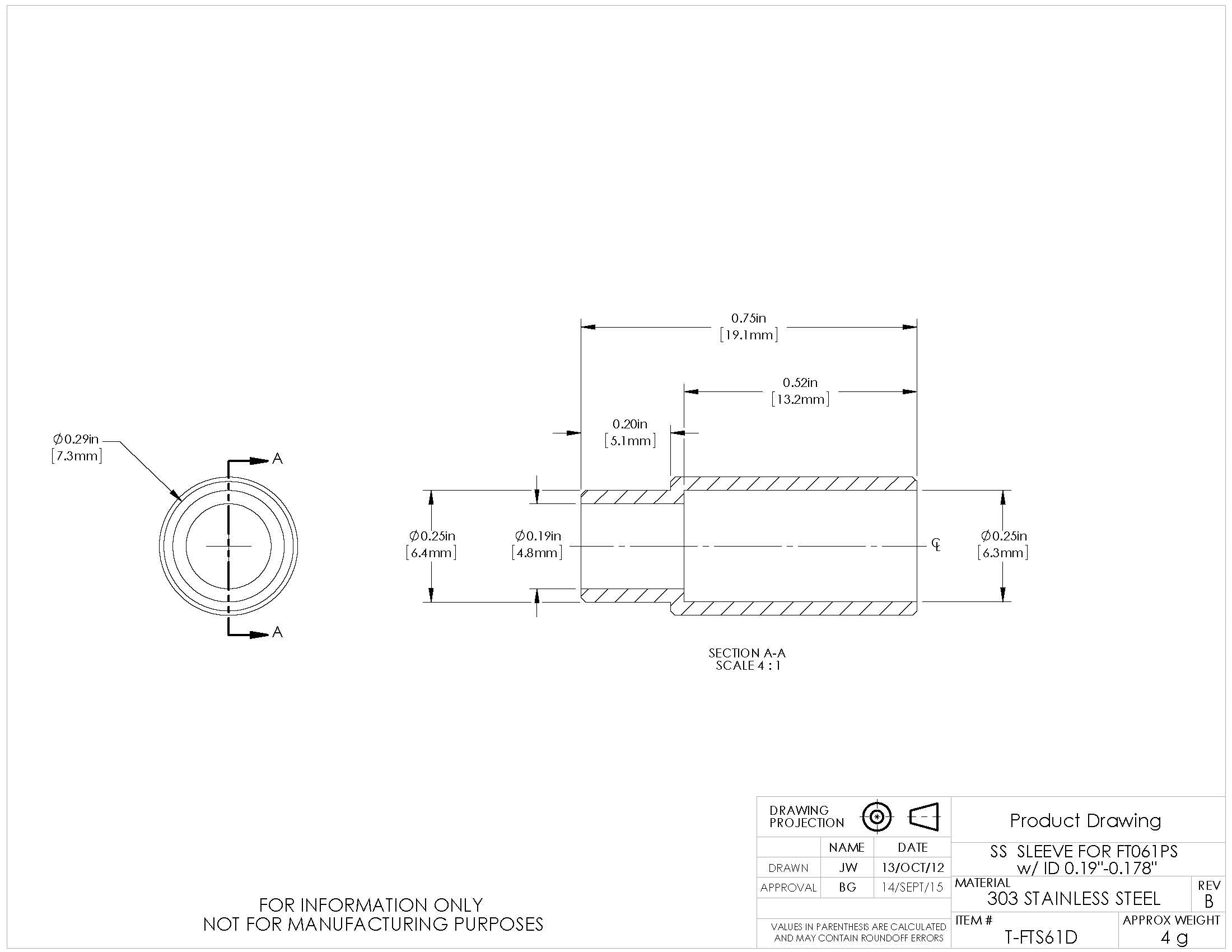 T-FTS61D - Stainless Steel Sleeve for Ø6.1 mm Tubing, 0.178" - 0.190" ID