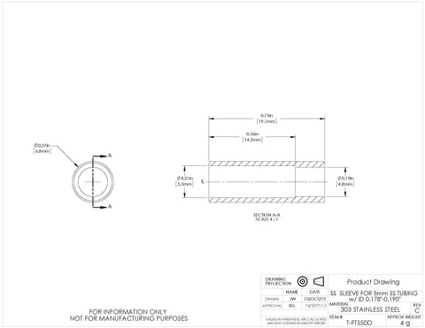 T-FTS50D - Stainless Steel Sleeve for Ø5.0 mm Tubing, 0.178" - 0.190" ID