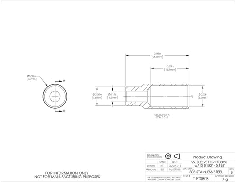 T-FTS80B - Stainless Steel Sleeve for Ø8.0 mm Tubing, 0.153" - 0.165" ID