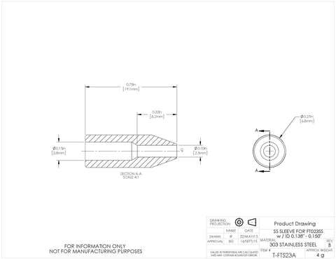 T-FTS23A - Stainless Steel Sleeve for Ø2.3 mm Tubing, 0.138" - 0.150" ID