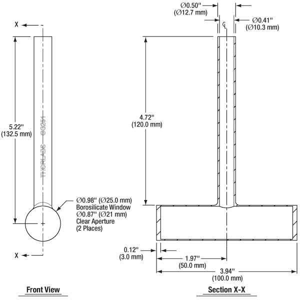 T-GC251 - Empty Glass Cell with Ø25 mm Fused Windows, 100 mm Long, One Fill Tube