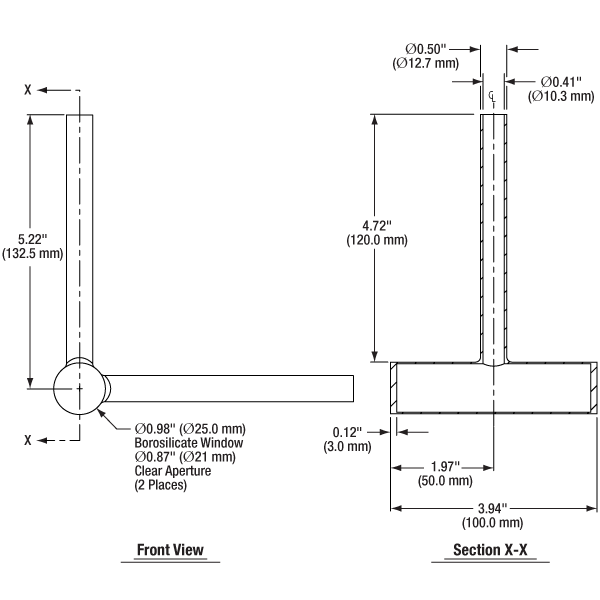 T-GC252 - Empty Glass Cell with Ø25 mm Fused Windows, 100 mm Long, Two Fill Tubes