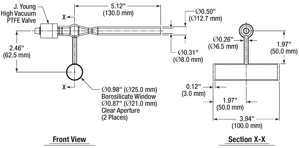 T-GCV251 - Empty Glass Cell with Ø25 mm Fused Windows, 100 mm Long, One Fill Tube with J. Young® Valve