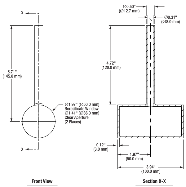 T-GC501 - Empty Glass Cell with Ø50 mm Fused Windows, 100 mm Long, One Fill Tube