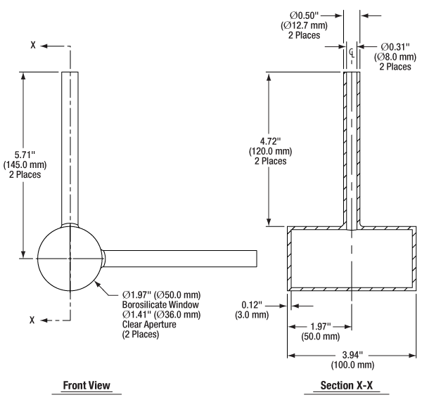 T-GC502 - Empty Glass Cell with Ø50 mm Fused Windows, 100 mm Long, Two Fill Tubes