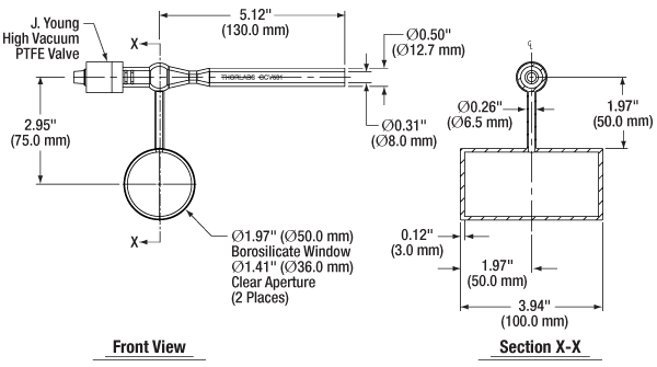 T-GCV501 - Empty Glass Cell with Ø50 mm Fused Windows, 100 mm Long, One Fill Tube with J. Young® Valve
