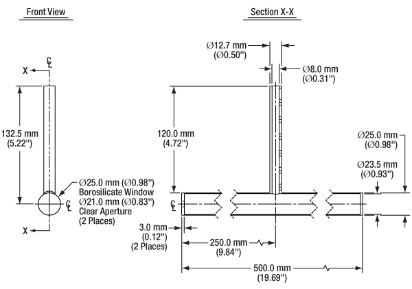 T-GC251L - Empty Glass Cell with Ø25 mm Fused Windows, 500 mm Long, One Fill Tube