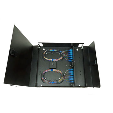 Wall Mount Enclosure 2 Panel Deluxe Loaded with 2 Duplex LC/UPC Plates Pigtails & Splice Trays Black