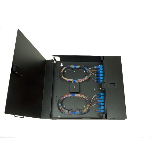 Wall Mount Enclosure 2 Panel Deluxe Loaded with 2 Duplex LC/UPC Plates Pigtails & Splice Trays Black