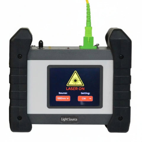 Portable electronic device with a screen displaying 'LASER ON' warning, on a white background.