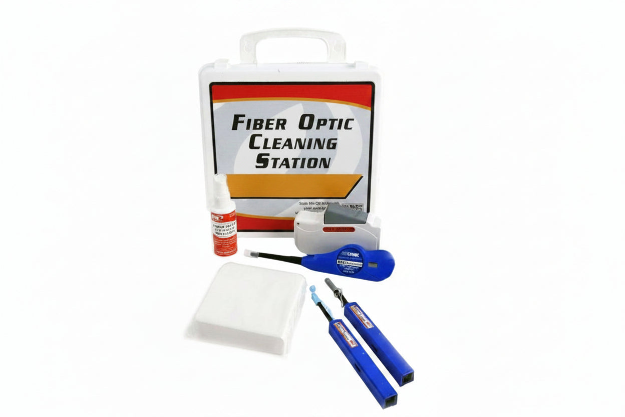 Fiber optic cleaning station with tools on a white background
