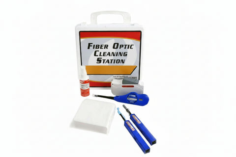 Fiber optic cleaning station with tools on a white background