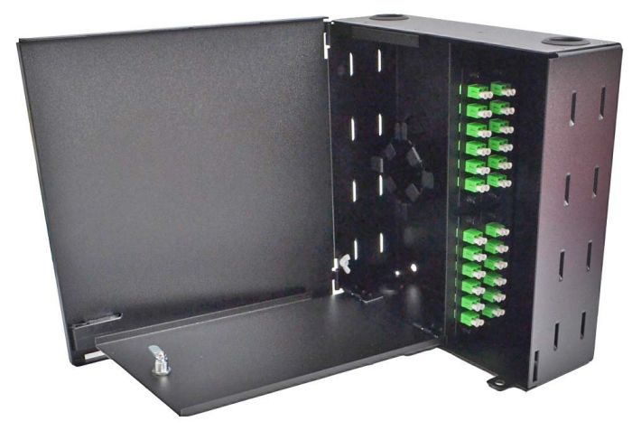 Wall Mount Enclosure 4 Panel Deluxe Loaded with 4 Duplex SC/APC Plates Pigtails & Splice Trays Black
