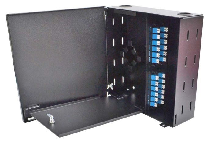 Wall Mount Enclosure 4 Panel Deluxe Loaded with 4 Duplex SC/UPC Plates Pigtails & Splice Trays Black
