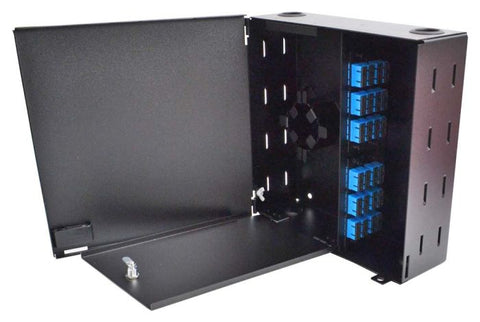 Wall Mount Enclosure 4 Panel Deluxe Loaded with 4 Duplex SC/UPC Plates & Splice Trays Black
