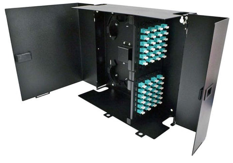 Wall Mount Enclosure 8 Panel Deluxe Loaded with 8 Duplex LC OM3 Plates & Splice Trays Black