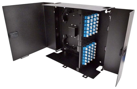 Wall Mount Enclosure 8 Panel Deluxe Loaded with 8 Duplex LC/UPC Plates & Splice Trays Black