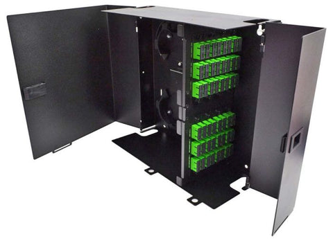 Wall Mount Enclosure 8 Panel Deluxe Loaded with 8 Duplex SC/APC Plates & Splice Trays Black
